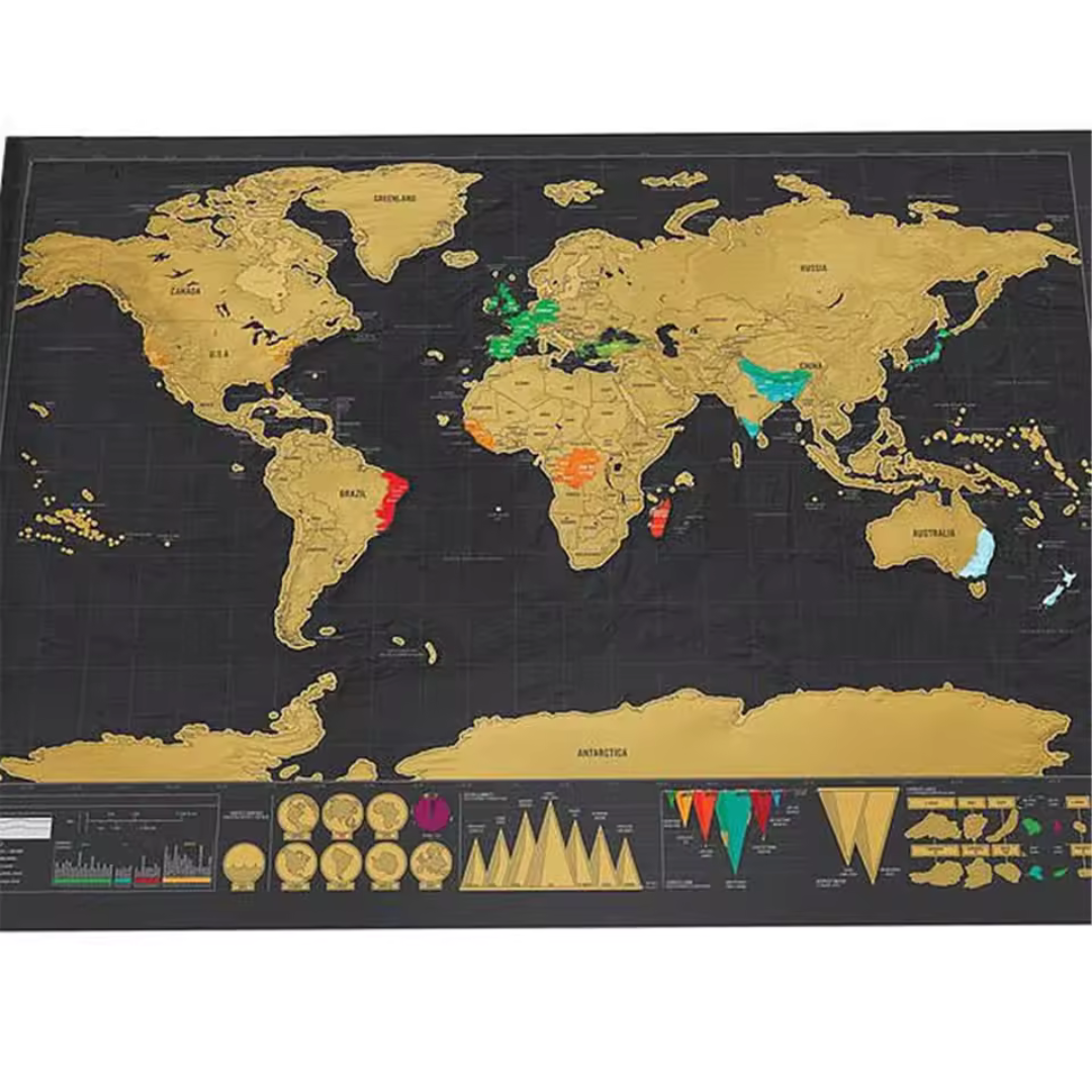 mapa raspable del mundo 42×30 cm con lámina dorada, regalo para viajeros